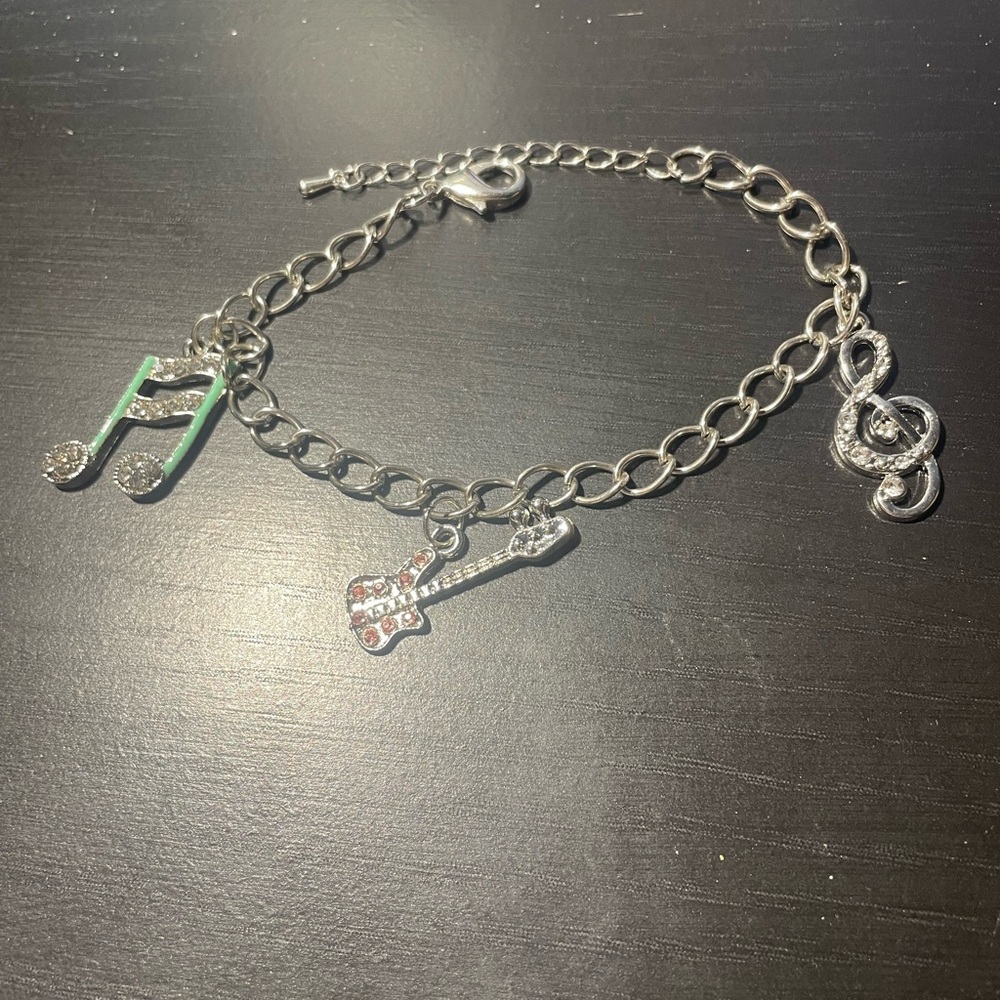 Silver Charm Bracelet with Musical Notes and Guitar